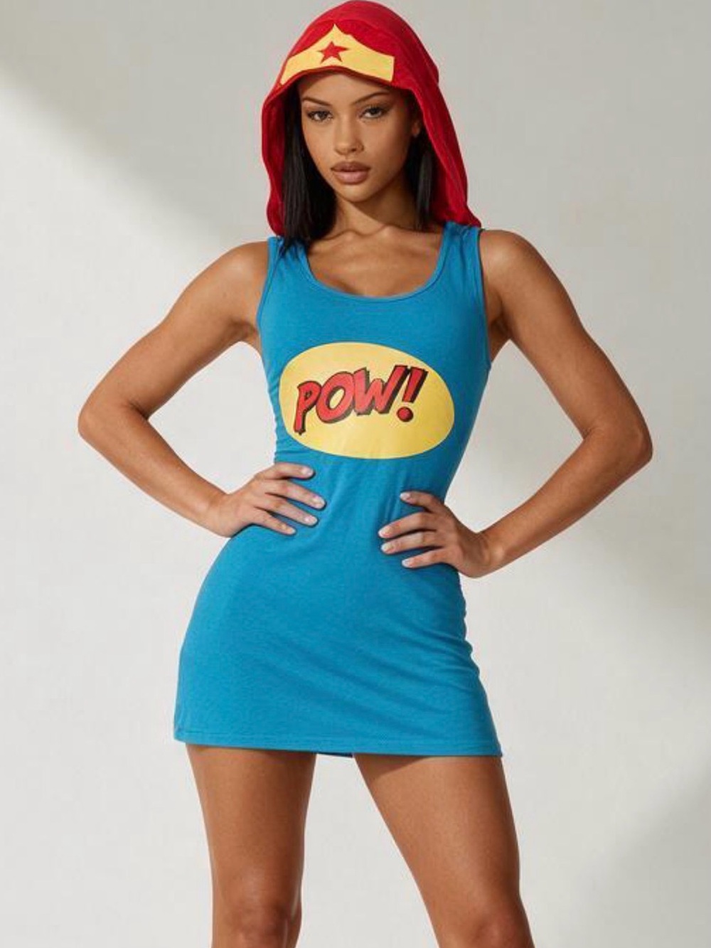 Blue Graphic Hooded Mini Dress with Red Hood - POW! Detail